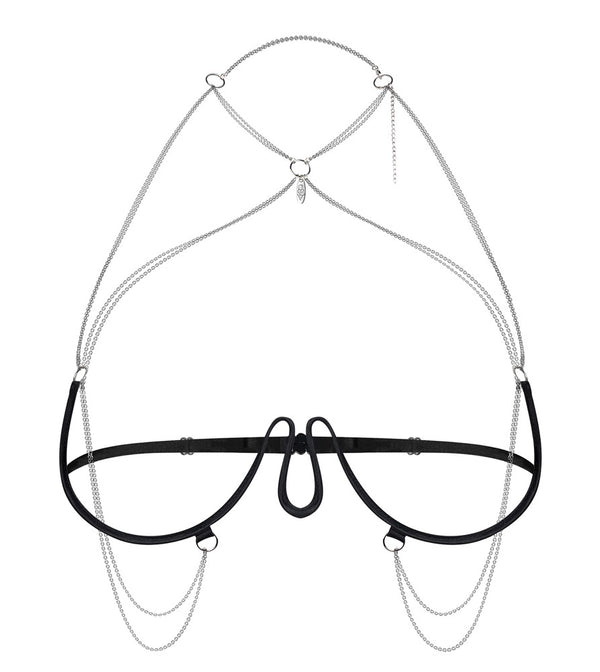 Harness bra met open cups en zilveren accessoires - Zwart - Obsessive - SKU: 24506071101