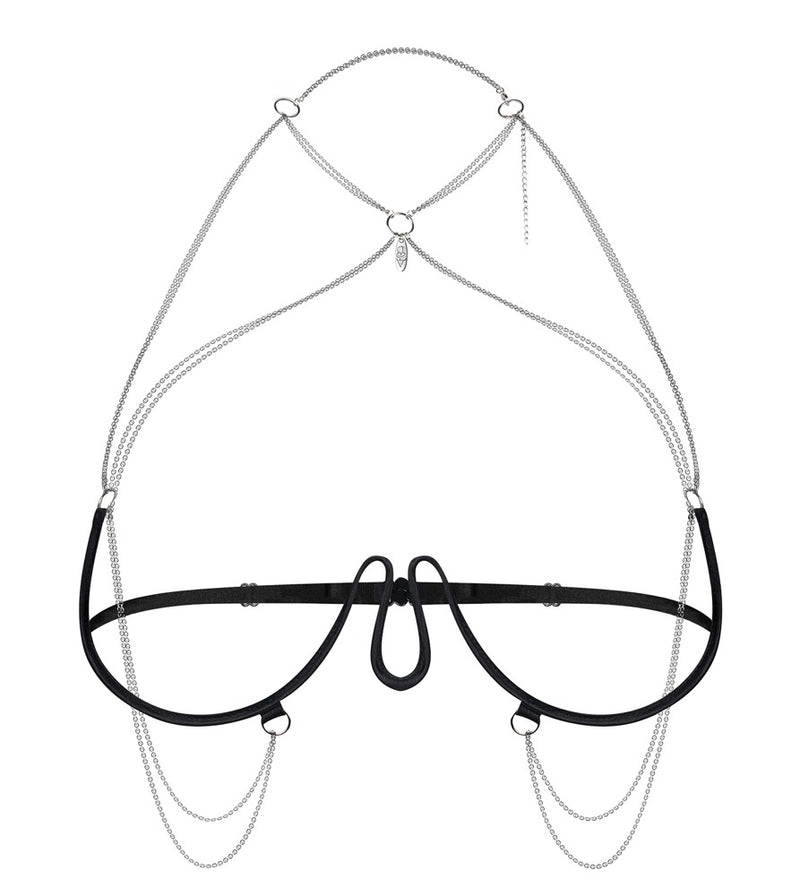 Harness bra met open cups en zilveren accessoires - Zwart