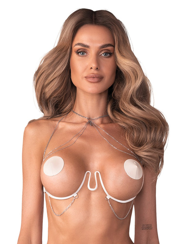 Harness bra open cup met zilveren accessoires - Wit - Obsessive - SKU: 24506072101