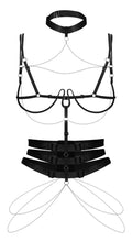 Harness met choker, open cup bra & 3 jarretels - Zwart
