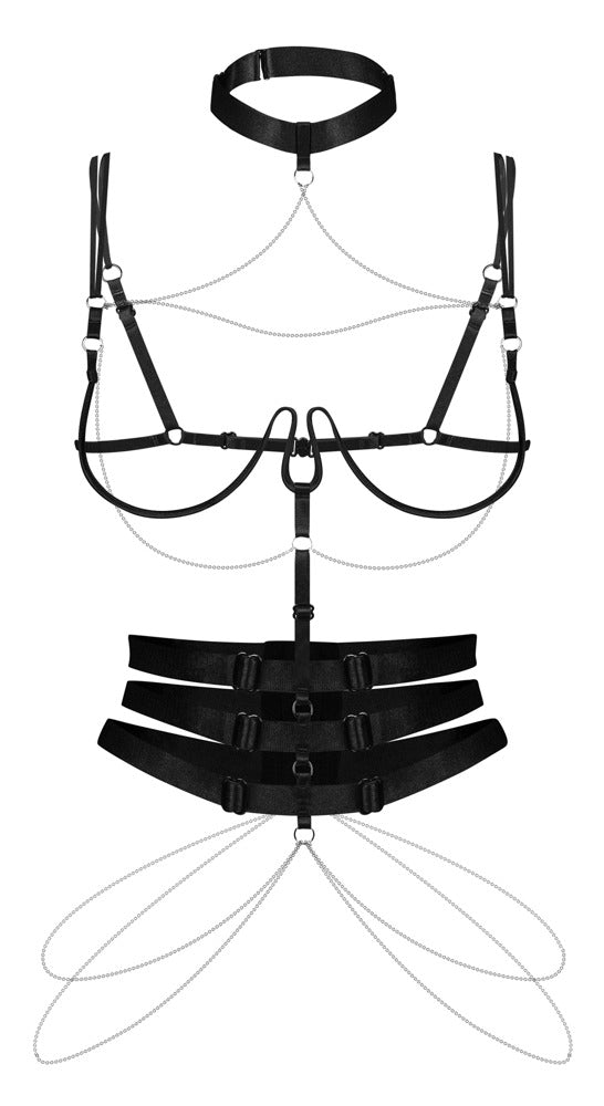 Harness met choker, open cup bra & 3 jarretels - Zwart - Obsessive - SKU: 24506151101