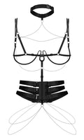 Harness met choker, open cup bra & 3 jarretels - Zwart