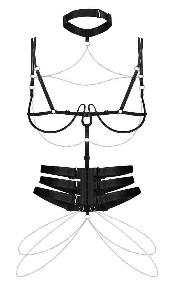Harness met choker, open cup bra & 3 jarretels - Zwart