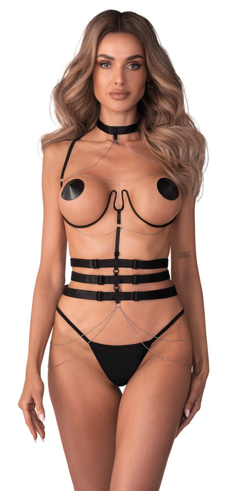 Harness met choker, open cup bra & 3 jarretels - Zwart