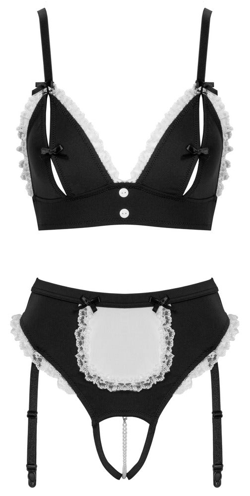 Dienstmeisjeset met kruisloze slip en bustier - Zwart - Cottelli COSTUMES - SKU: 24713291021