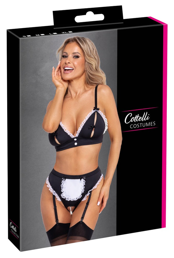 Dienstmeisjeset met kruisloze slip en bustier - Zwart - Cottelli COSTUMES - SKU: 24713291021