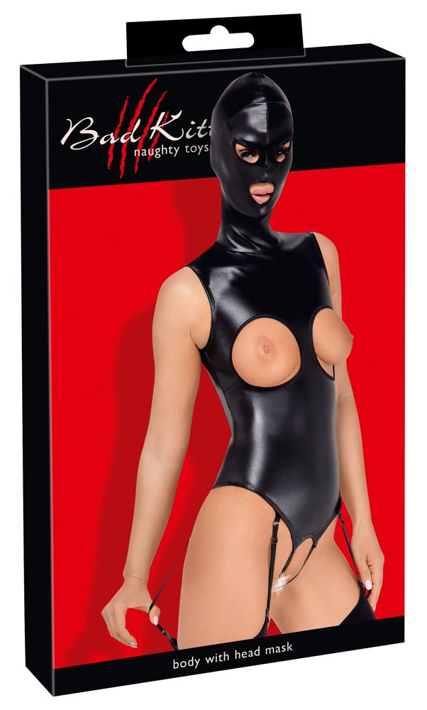 Bad Kitty kruisloze jarretel body met masker - Zwart