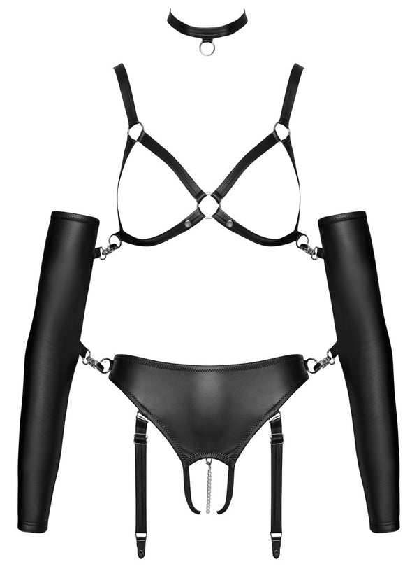 Kruisloze set met open cupbandje, choker & armbanden - Zwart - Bad Kitty - SKU: 24805571021
