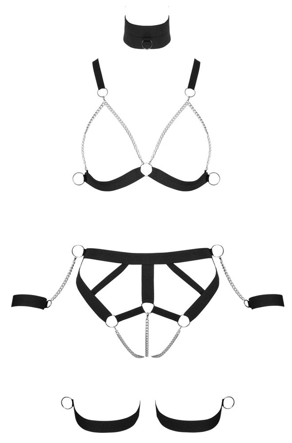 Bondage harness set met choker en handboeien - Zwart - Bad Kitty - SKU: 24805811021
