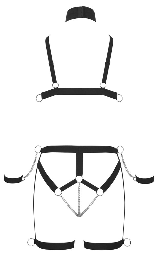 Bondage harness set met choker en handboeien - Zwart - Bad Kitty - SKU: 24805811021