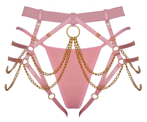 String met glinsterende jarretels en gouden accessoires - Roze - Bad Kitty - SKU: 24806033101