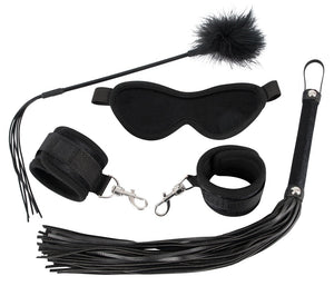 Bad Kitty Fetisj set met blinddoek, handboeien & flogger - Zwart