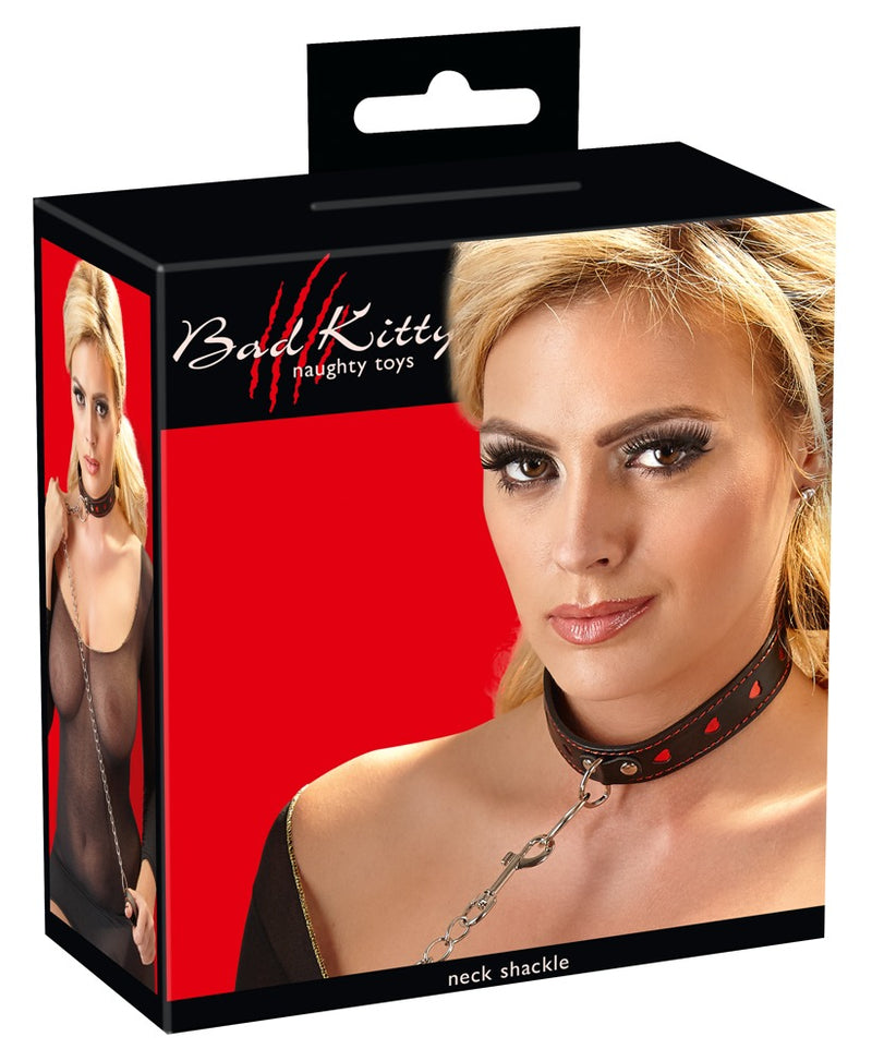 Bad Kitty Halsband met riem en rode hartjes - Zwart