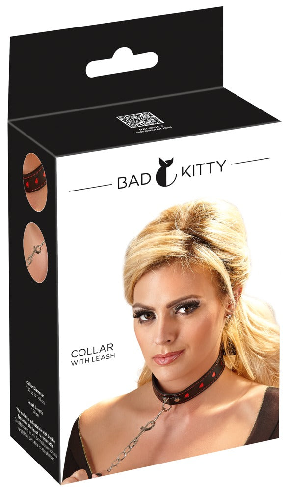 Bad Kitty halsband met riem en hartjes - Zwart - Bad Kitty - SKU: 24920161001