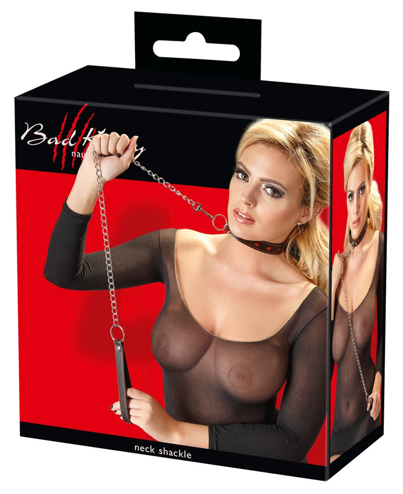 Bad Kitty Halsband met riem en rode hartjes - Zwart