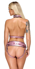 Harness set glanzend metallic met zilveren details - Roze