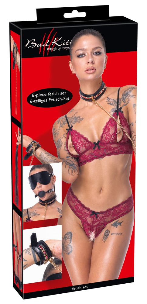 Bondage set met kunstleer en gouden accessoires - Zwart - Bad Kitty - SKU: 24937641001