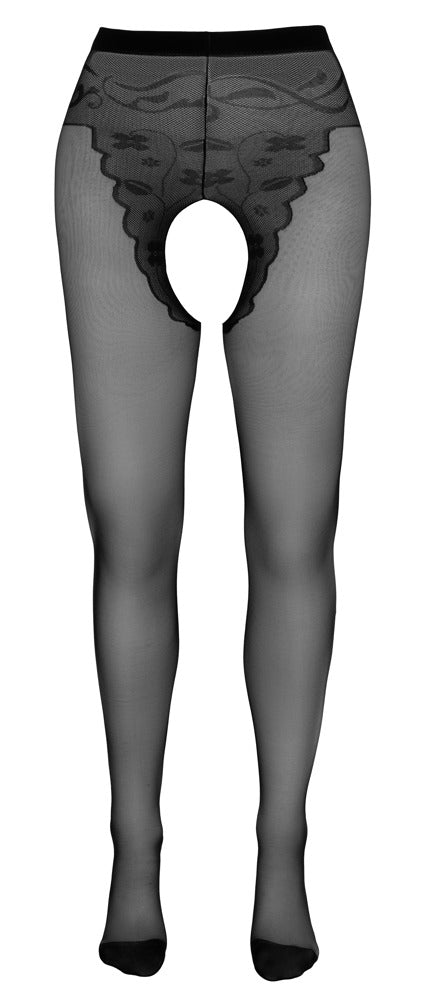 Cottelli LEGWEAR Jarretel panty met open kruis en Cubaanse hak - Zwart