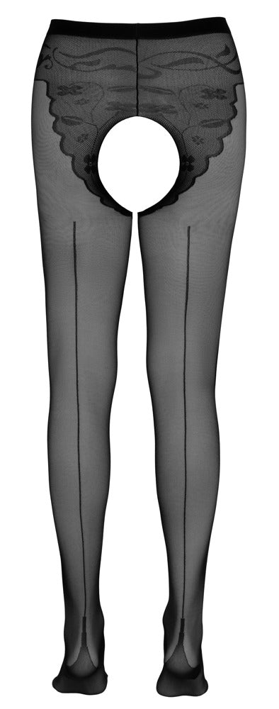 Cottelli LEGWEAR Jarretel panty met open kruis en Cubaanse hak - Zwart