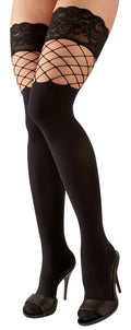 Cottelli LEGWEAR Stockings 2-in-1 met visnet en kant - Zwart