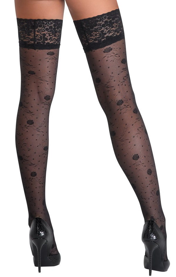 Cottelli LEGWEAR Hold-up kousen met rozenpatroon - Zwart - Cottelli LEGWEAR - SKU: 25207101601