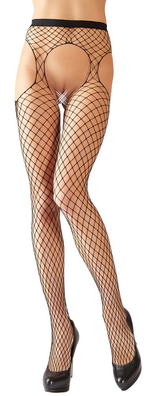 Cottelli LEGWEAR Jarretel panty met hekwerknet en uitsparingen - Zwart