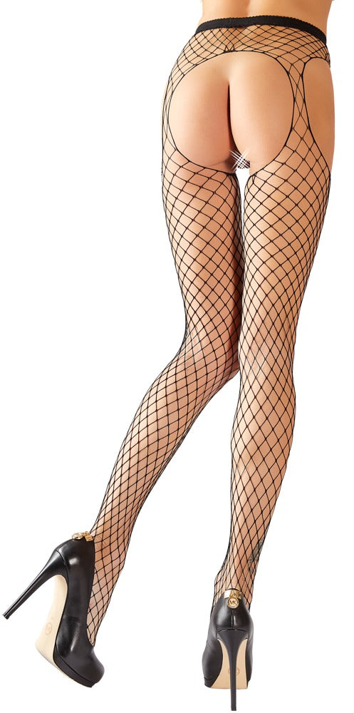 Cottelli LEGWEAR Jarretel panty met hekwerknet en uitsparingen - Zwart