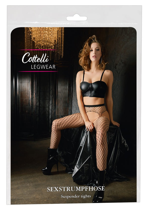 Cottelli LEGWEAR Jarretel panty met hekwerknet - Zwart - Cottelli LEGWEAR - SKU: 25301551101