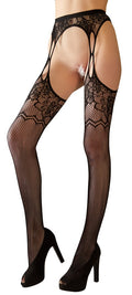 Cottelli LEGWEAR Jarretel panty met bloemenpatroon - Zwart