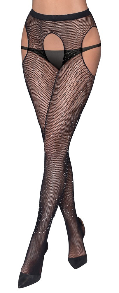 Cottelli LEGWEAR Jarretel panty met open kruis en edelstenen - Zwart