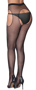 Cottelli LEGWEAR Jarretel panty met open kruis en edelstenen - Zwart