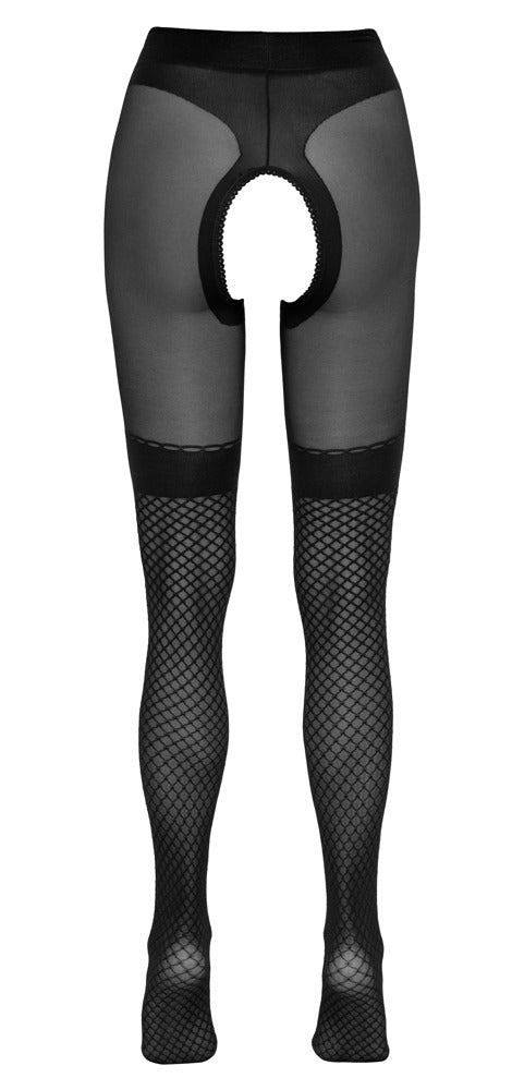 Cottelli LEGWEAR open panty met mesh - Zwart - Cottelli LEGWEAR - SKU: 25303251611