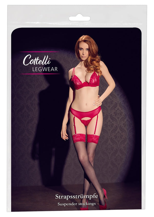 Cottelli LEGWEAR stockings met rood kant - Zwart - Cottelli LEGWEAR - SKU: 25403551651