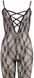 NO:XQSE Catsuit met kant en open kruis - Zwart