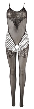 NO:XQSE Catsuit met kantpatroon en open kruis - Zwart