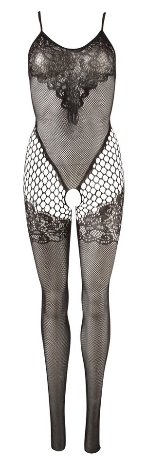 NO:XQSE Catsuit met kantpatroon en open kruis - Zwart