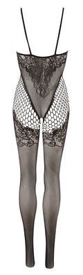 NO:XQSE Catsuit met kantpatroon en open kruis - Zwart