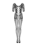 Obsessive Bodystocking mesh met bloemmotief en open kruis - Zwart
