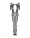 Obsessive Bodystocking mesh met bloemmotief en open kruis - Zwart