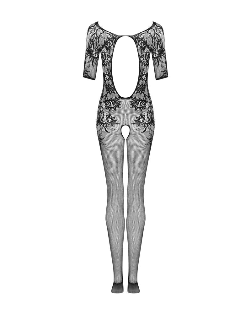 Obsessive Bodystocking mesh met bloemmotief en open kruis - Zwart
