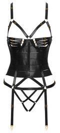Cottelli LINGERIE Jarretel set met korset en kruisloze string - Zwart
