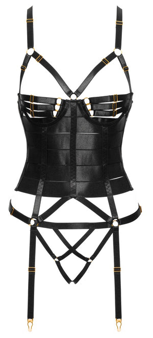 Cottelli LINGERIE Jarretel set met korset en kruisloze string - Zwart