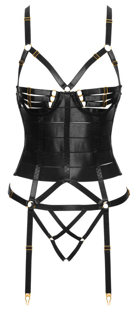 Cottelli LINGERIE Jarretel set met korset en kruisloze string - Zwart