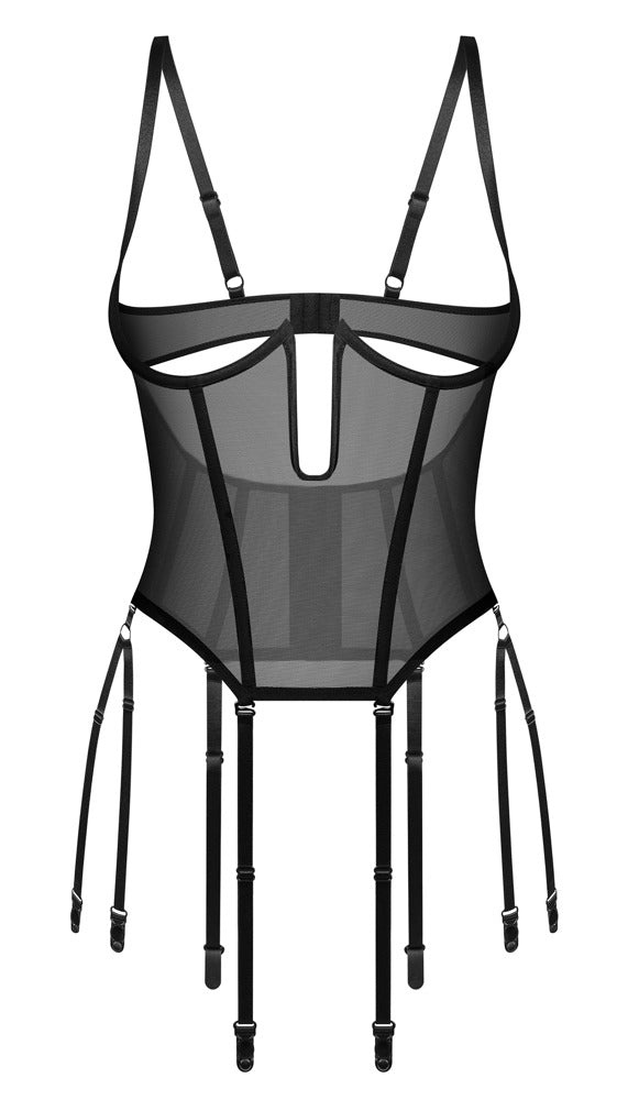 Obsessive Korset open cup transparant met powernet - Zwart - Obsessive - SKU: 26115701111