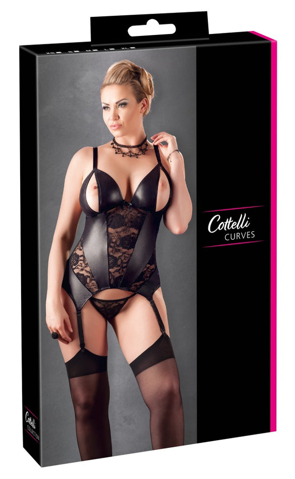 Cottelli CURVES Cami jarretel set met split cups en verstelbare jarretels - Zwart - Cottelli CURVES - SKU: 26314661051
