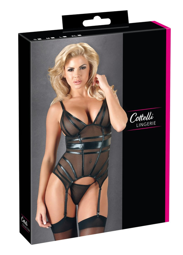 Cottelli LINGERIE Cami jarretel set met wetlook details - Zwart - Cottelli LINGERIE - SKU: 26315201021