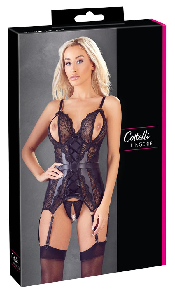 Cottelli LINGERIE Jarretelkorset met verstelbare jarretels & split cups - Zwart - Cottelli LINGERIE - SKU: 26326321021