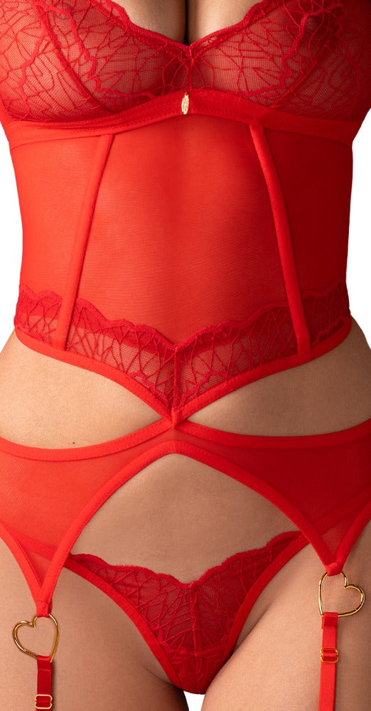 Obsessive Jarretel set met thong transparant kant - Rood - Obsessive - SKU: 26331753111
