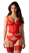 Obsessive Jarretel set met thong transparant kant - Rood