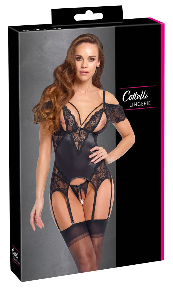 Cottelli LINGERIE Jarretelkorset met kruisloze string - Zwart